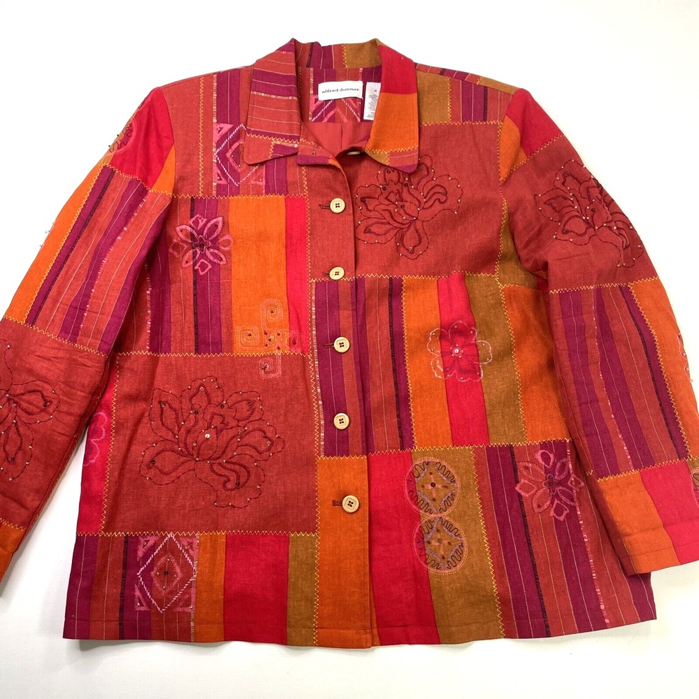 Alfred Dunner Jacket Womens 14 Red Patchwork Floral Embroidered Beaded LinBlend